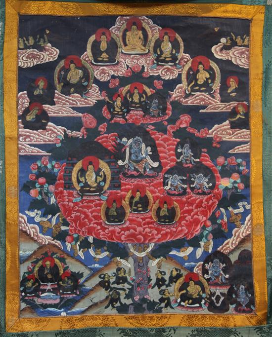 Four Tibetan painted silk thangkas, 20th century, largest image 69 x 48cm, brocade borders